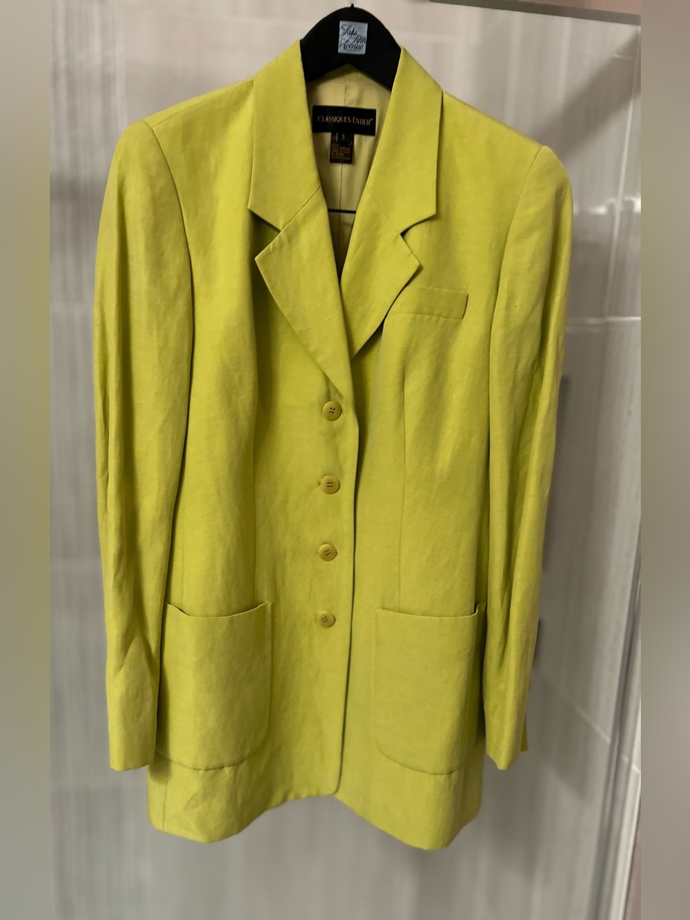 Classiques Entier Silk Linen Blend Chartreuse Lime Green Button Front Blazer